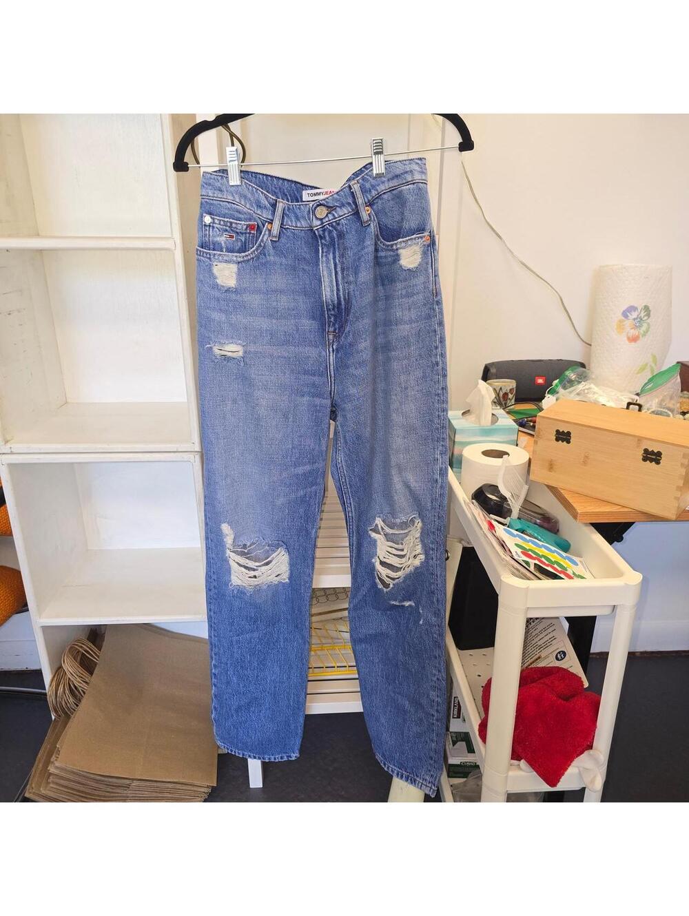 Tommy Hilfiger blue denim straight leg jeans with distressed details